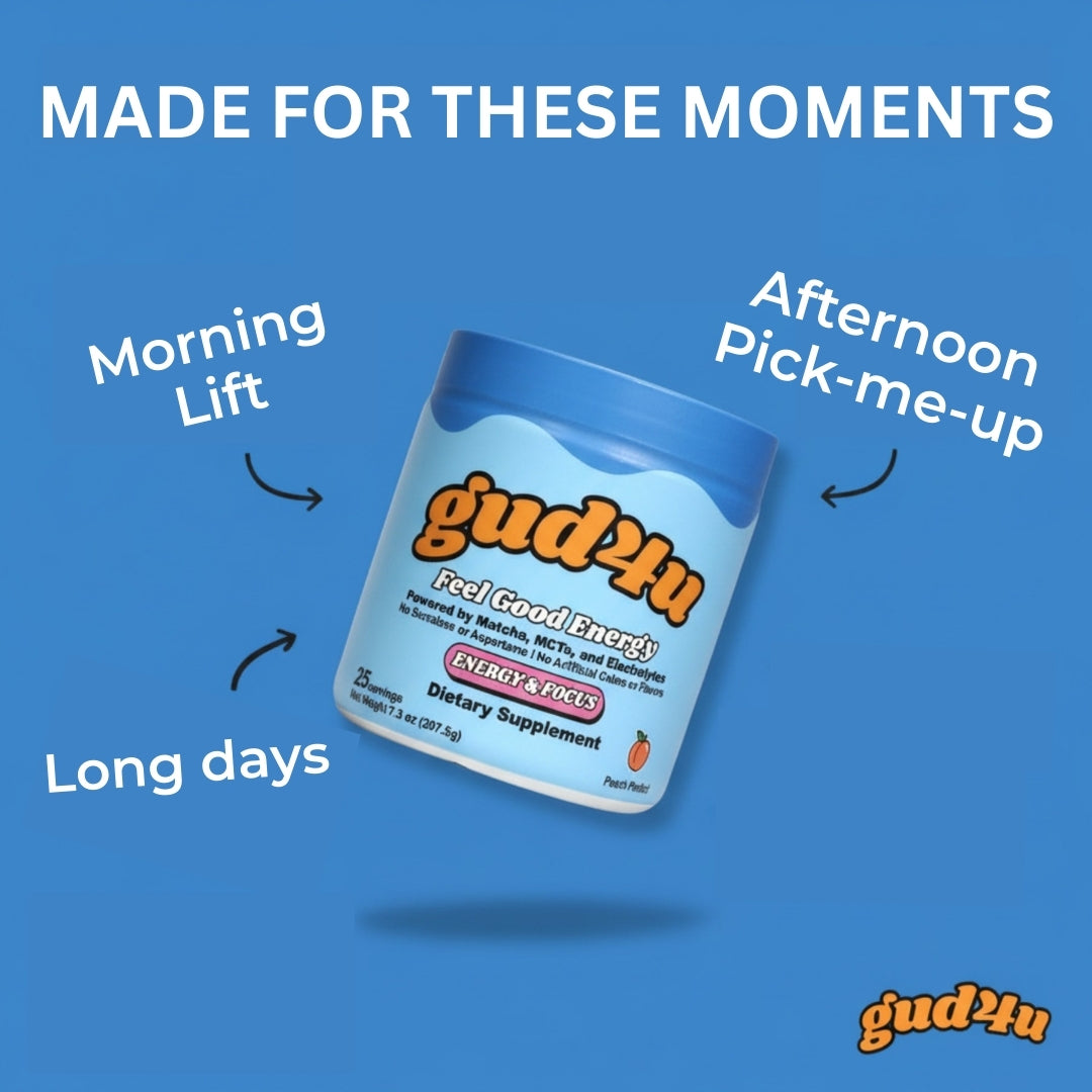 Gud4u – Plant Based Energy Powder | Whole Leaf Matcha & MCTs | Natural Caffeine | Peach Flavor
